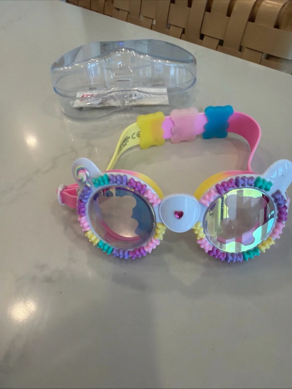 Pastel Rainbow Kids Swim Goggles with Heart Accent - Pink